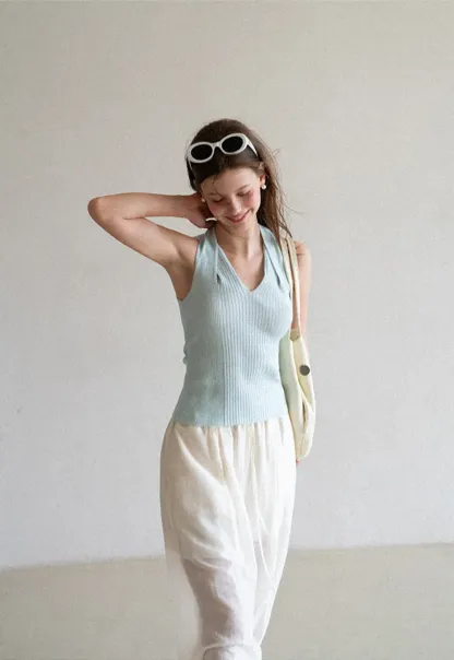 Ribbed Knit Halter Neck Tank Top