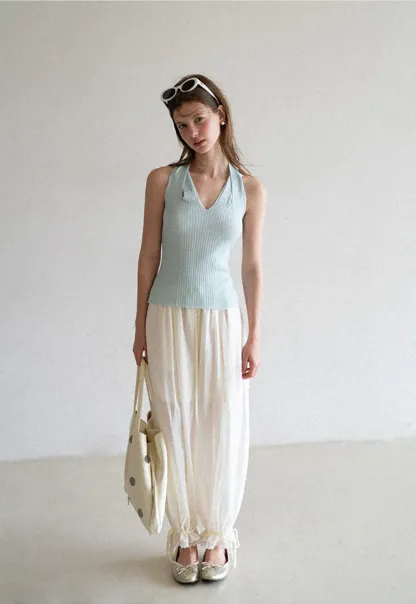 Ribbed Knit Halter Neck Tank Top