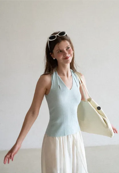 Ribbed Knit Halter Neck Tank Top