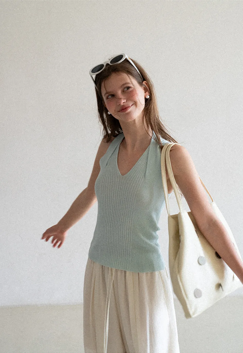 Ribbed Knit Halter Neck Tank Top