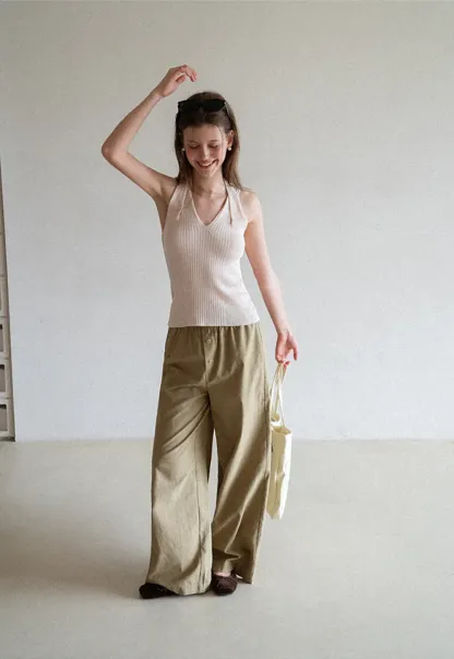 Ribbed Knit Halter Neck Tank Top
