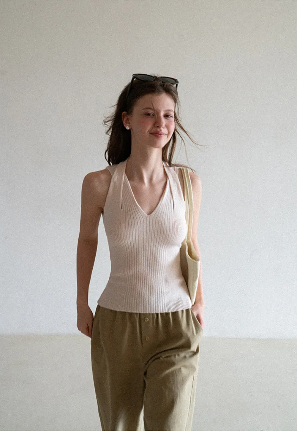 Ribbed Knit Halter Neck Tank Top