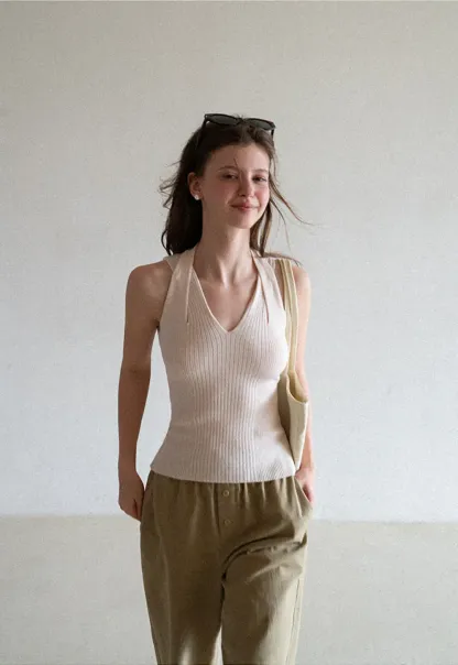 Ribbed Knit Halter Neck Tank Top