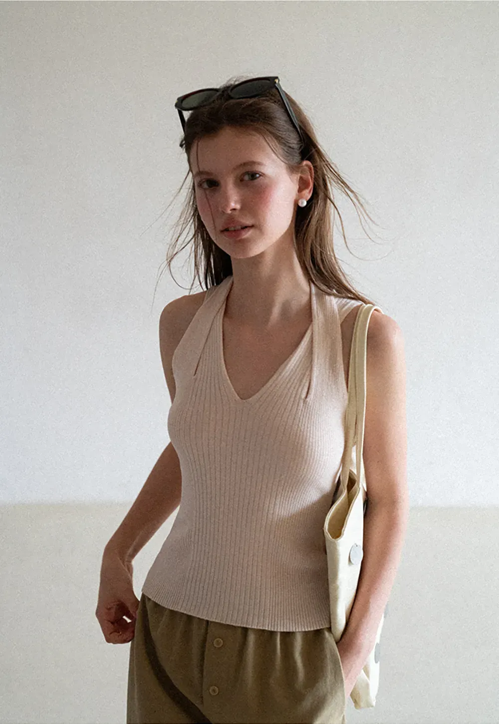 Ribbed Knit Halter Neck Tank Top