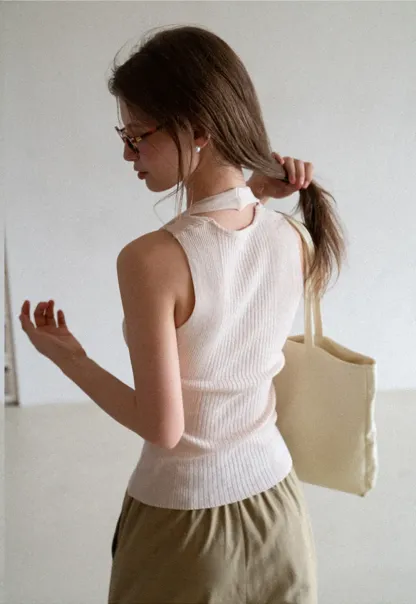 Ribbed Knit Halter Neck Tank Top