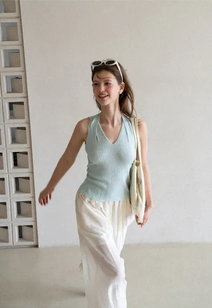 Ribbed Knit Halter Neck Tank Top