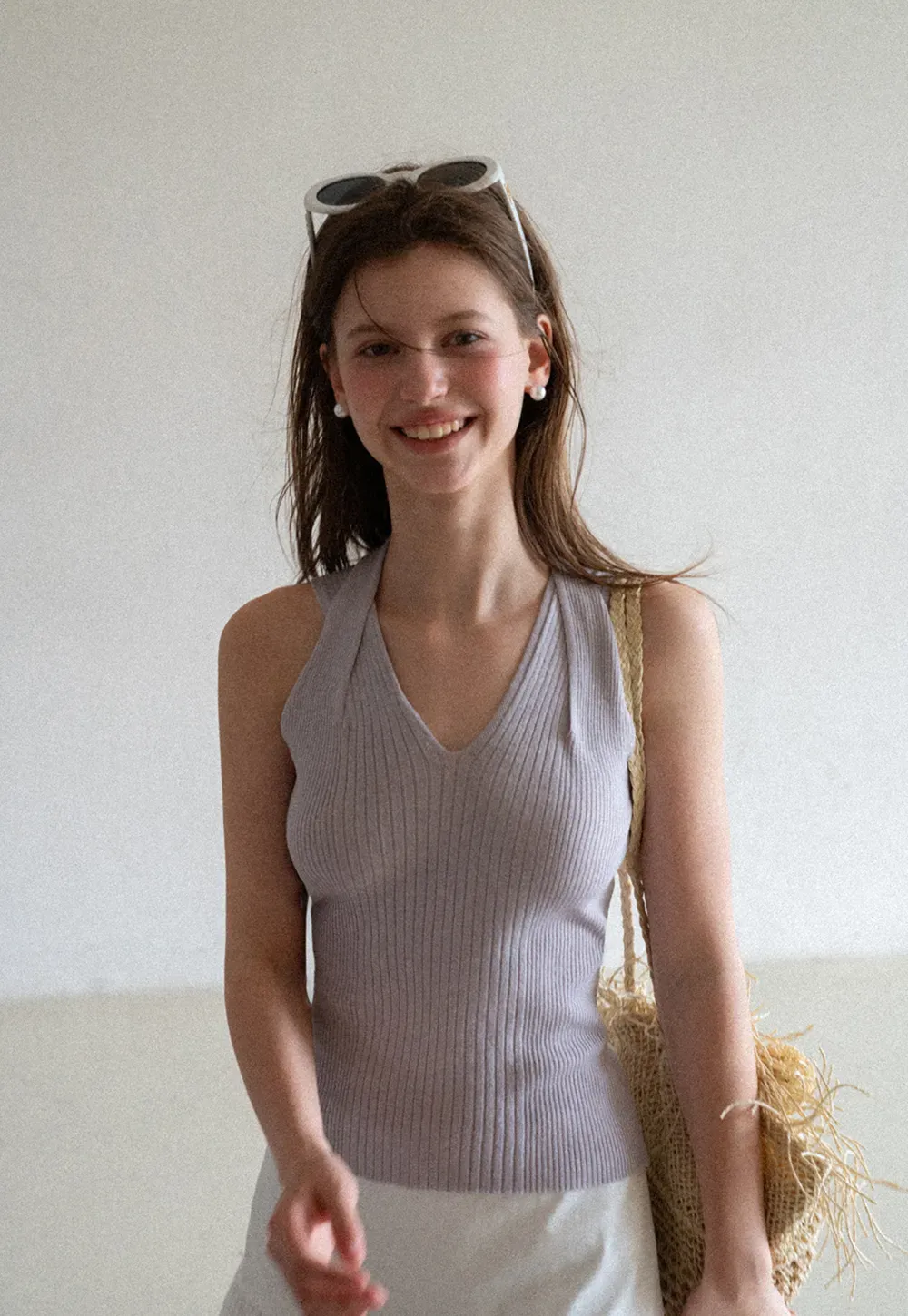 Ribbed Knit Halter Neck Tank Top