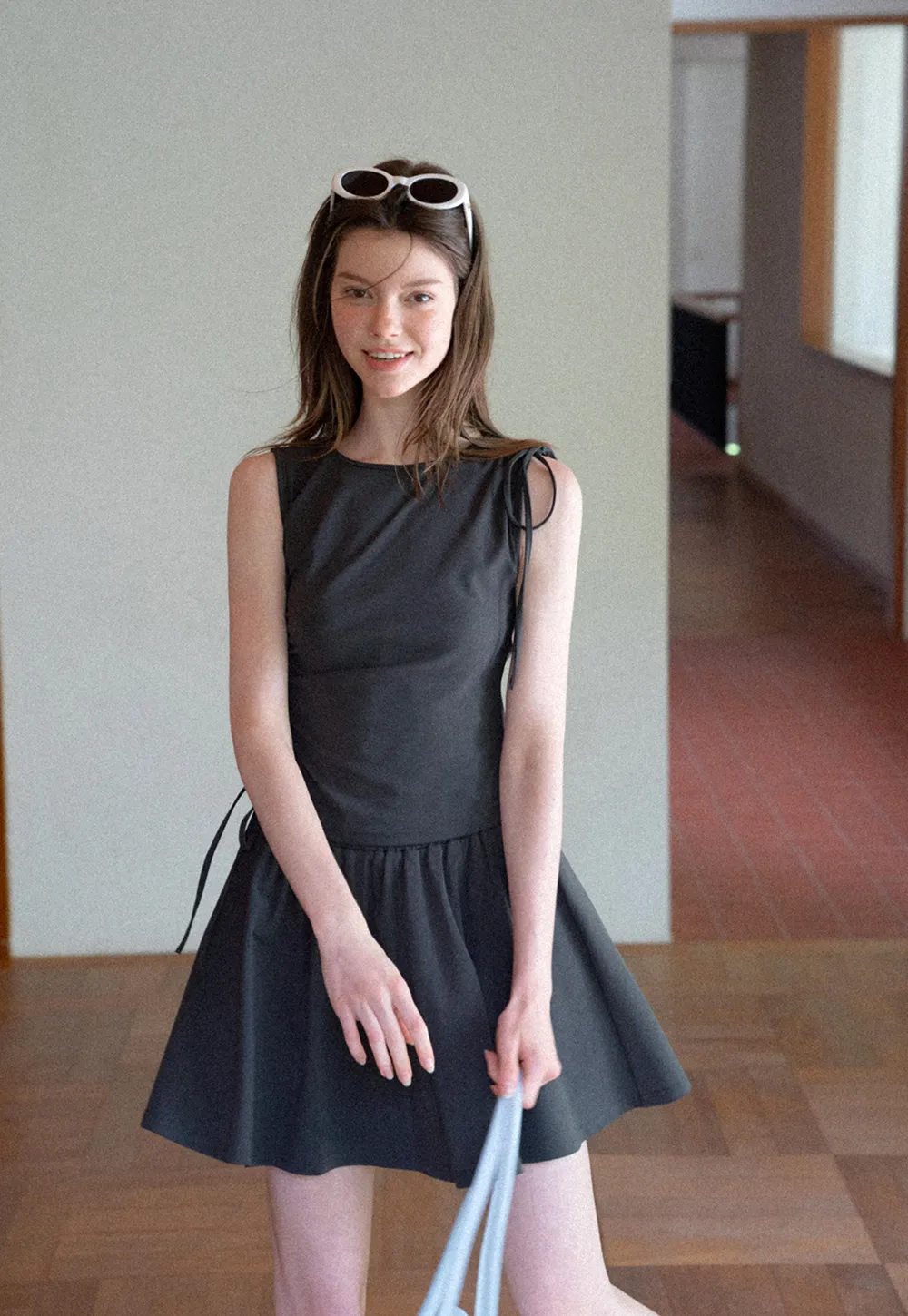 Sleeveless Tie Shoulder Dress with Flared Skirt