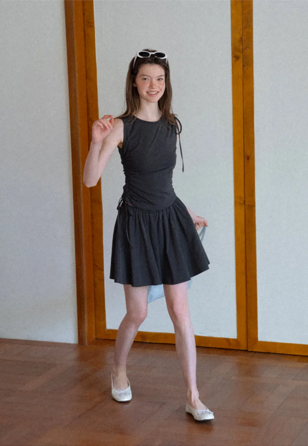 Sleeveless Tie Shoulder Dress with Flared Skirt