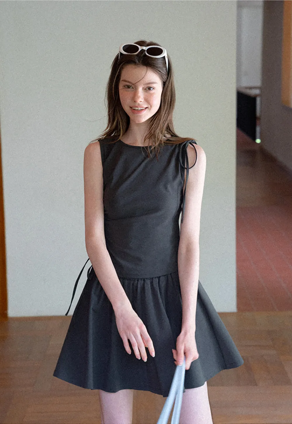 Sleeveless Tie Shoulder Dress with Flared Skirt