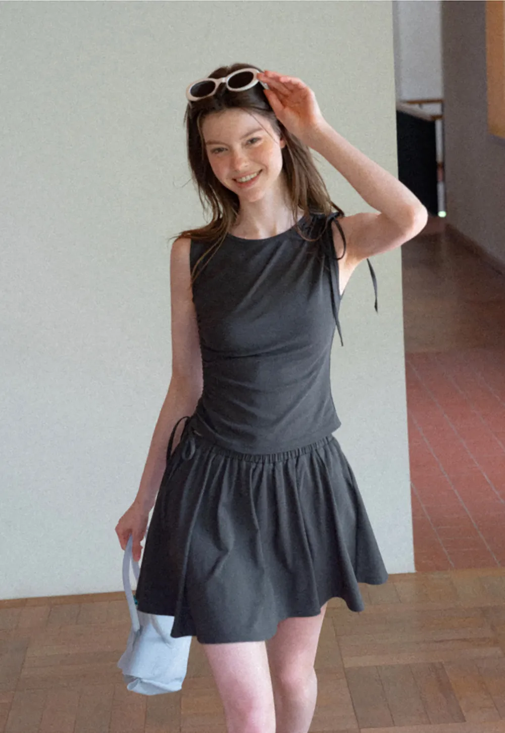 Sleeveless Tie Shoulder Dress with Flared Skirt