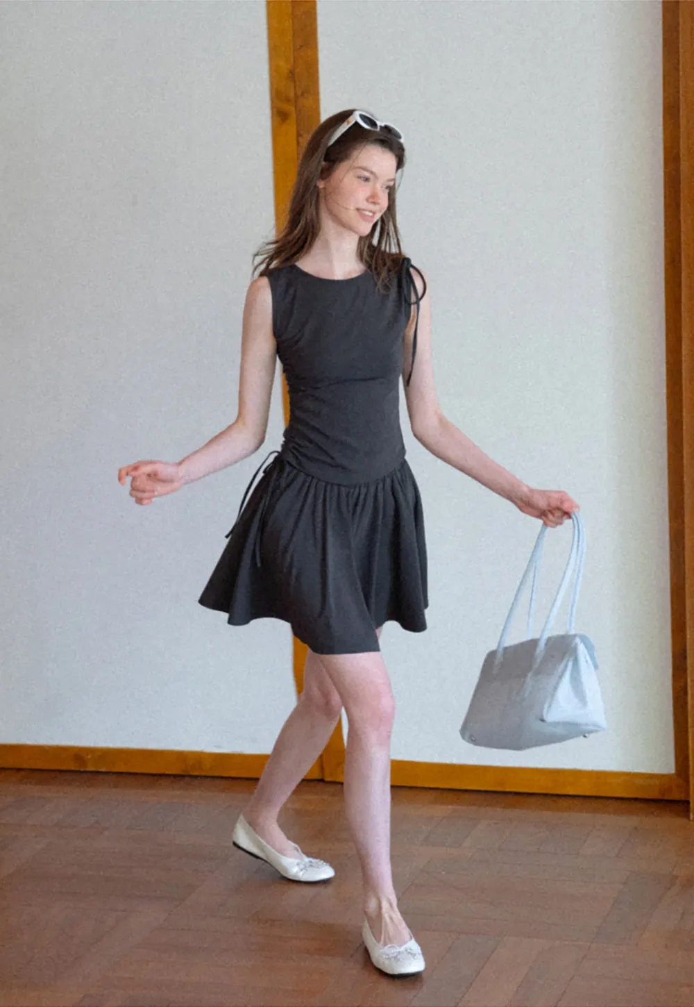 Sleeveless Tie Shoulder Dress with Flared Skirt