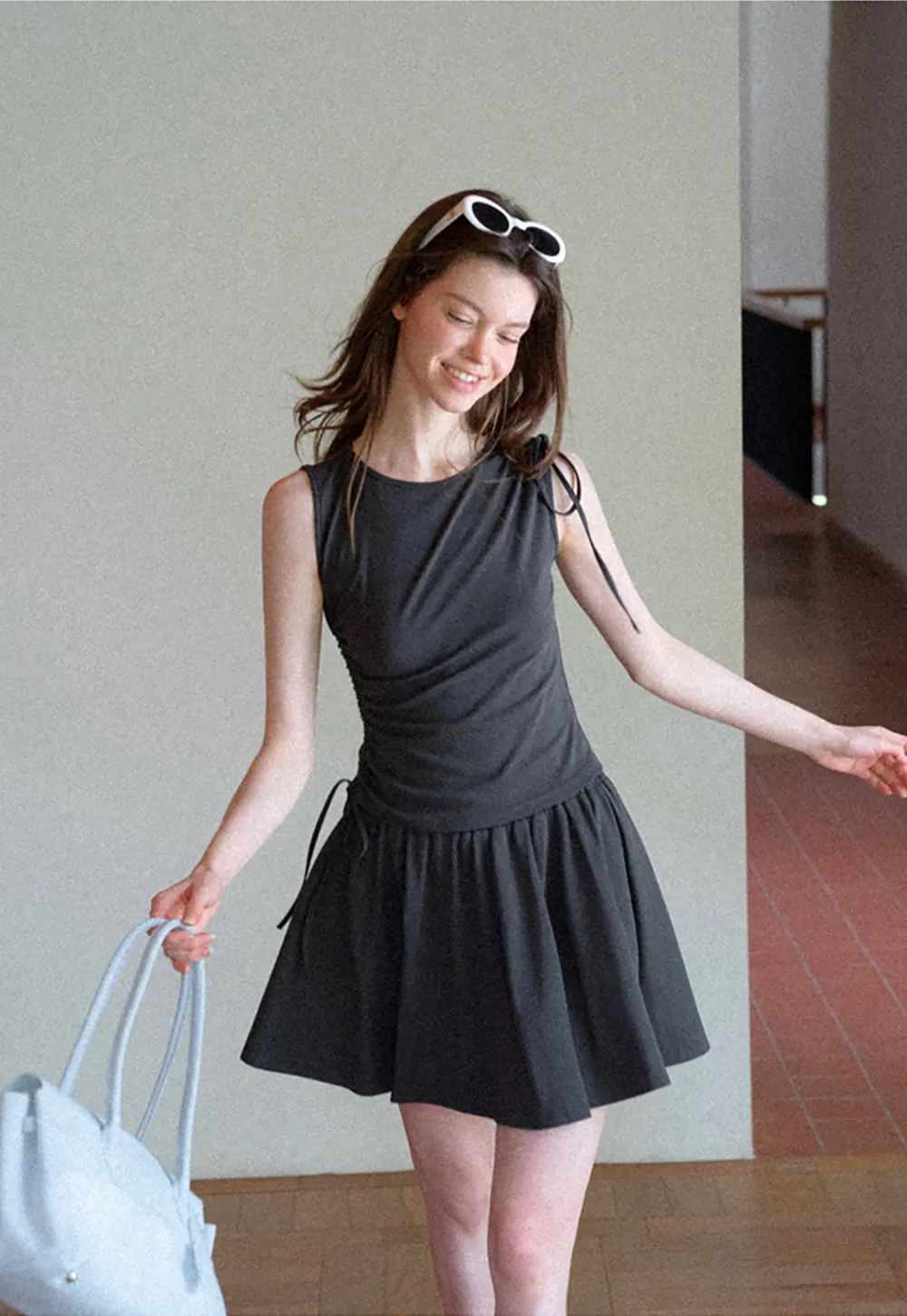 Sleeveless Tie Shoulder Dress with Flared Skirt
