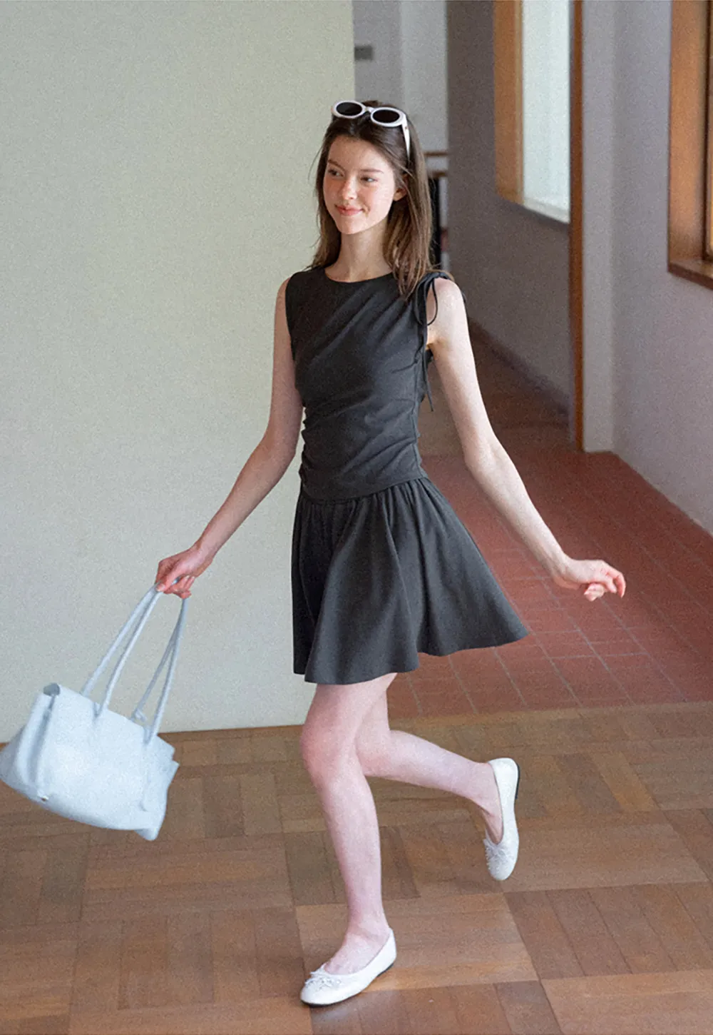 Sleeveless Tie Shoulder Dress with Flared Skirt