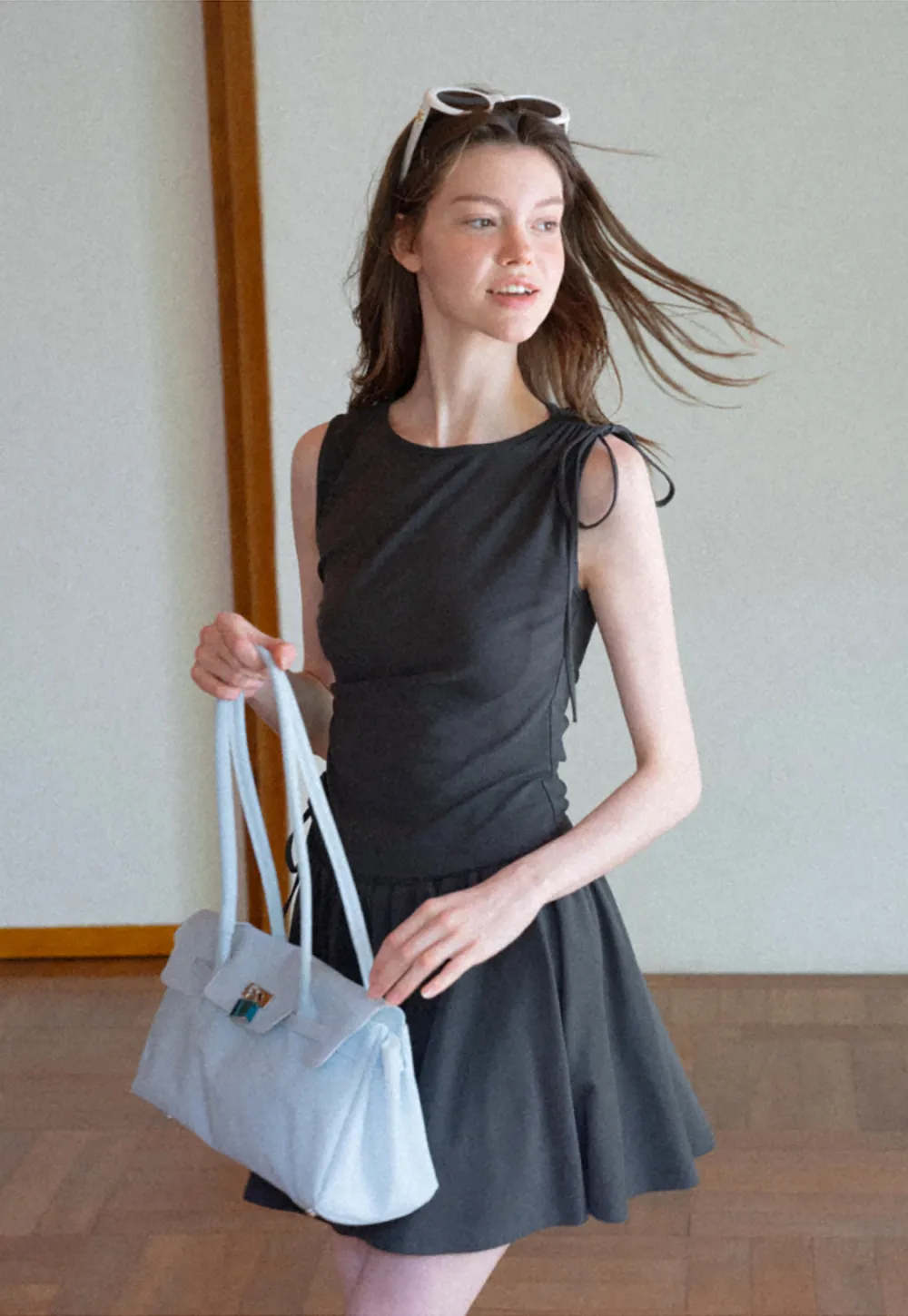 Sleeveless Tie Shoulder Dress with Flared Skirt