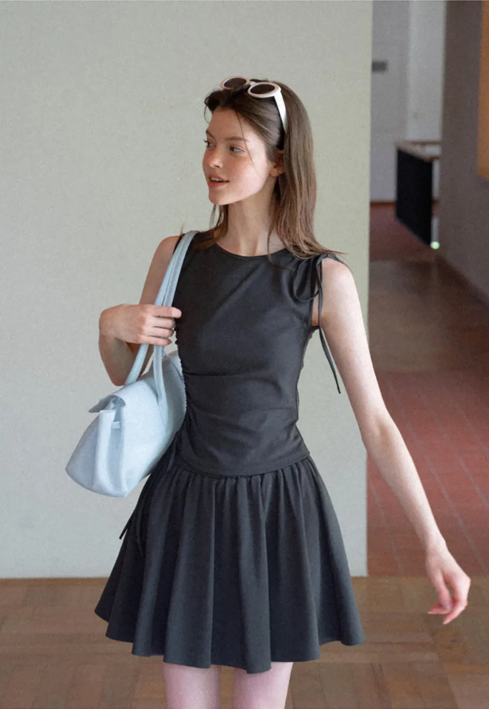 Sleeveless Tie Shoulder Dress with Flared Skirt