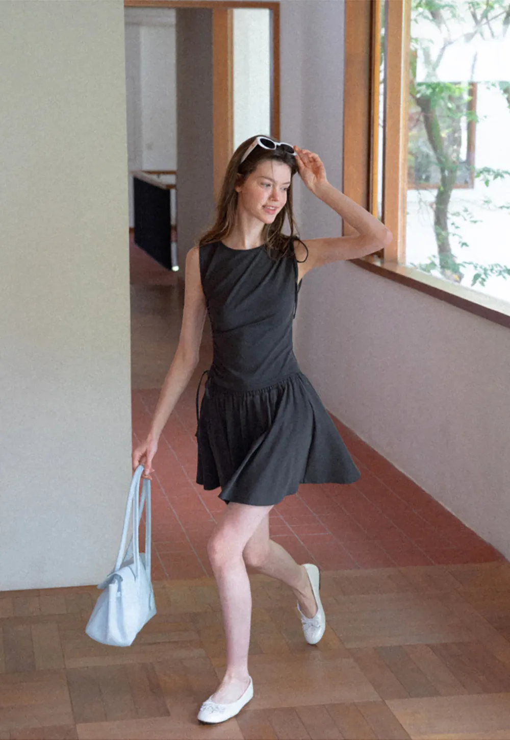 Sleeveless Tie Shoulder Dress with Flared Skirt