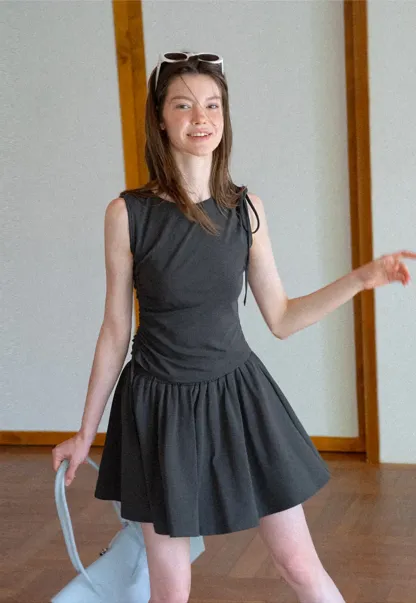 Sleeveless Tie Shoulder Dress with Flared Skirt