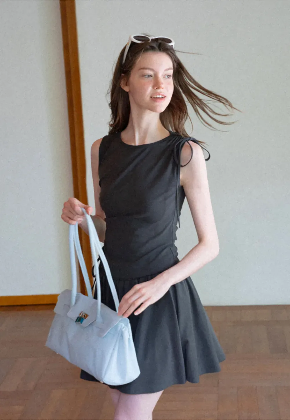 Sleeveless Tie Shoulder Dress with Flared Skirt