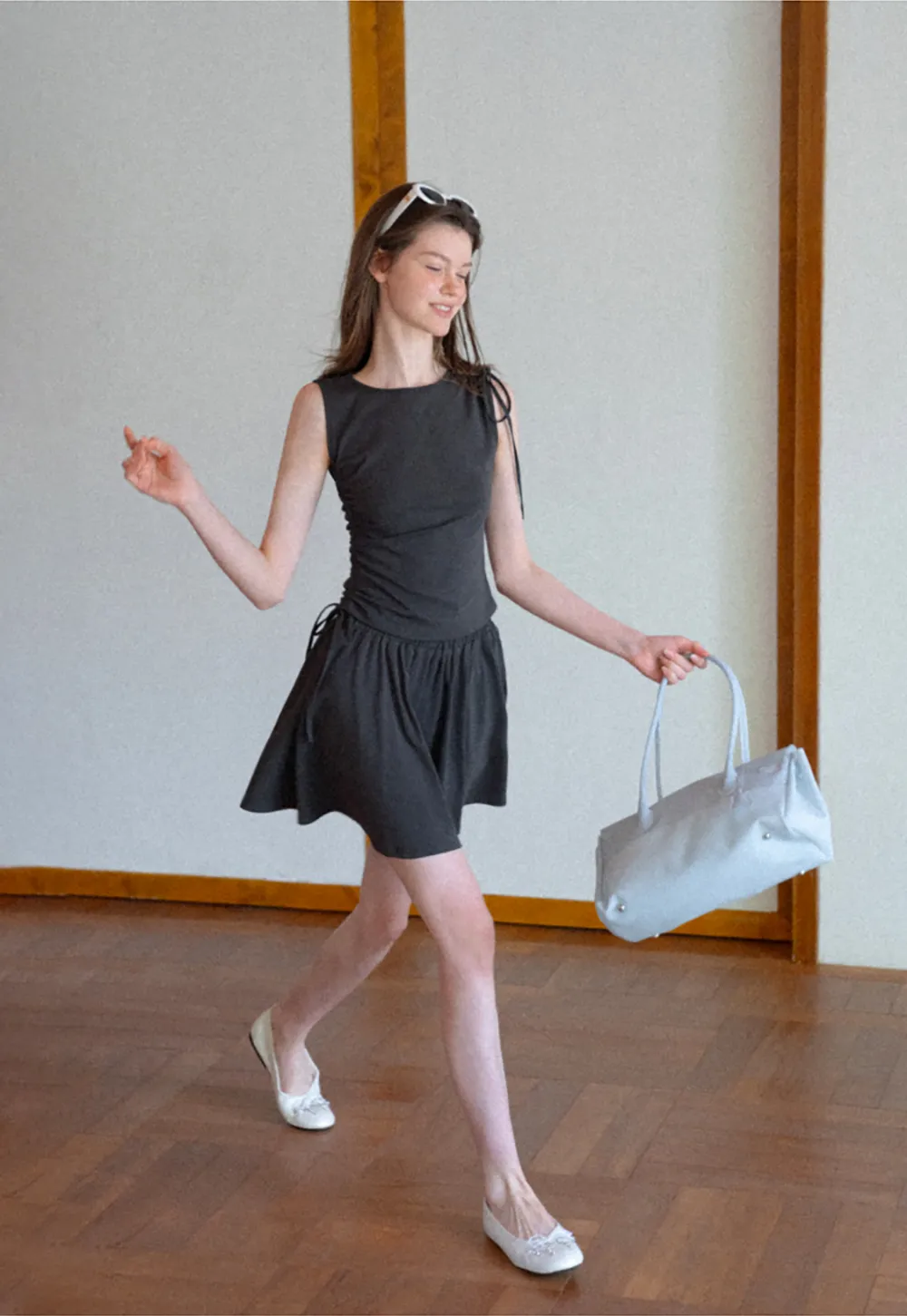 Sleeveless Tie Shoulder Dress with Flared Skirt