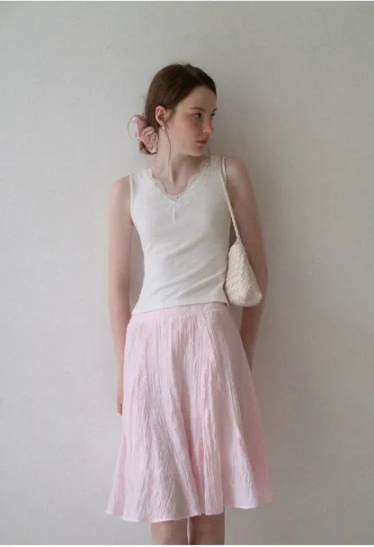 Lace Trim V Neck Sleeveless Knit Tank Top