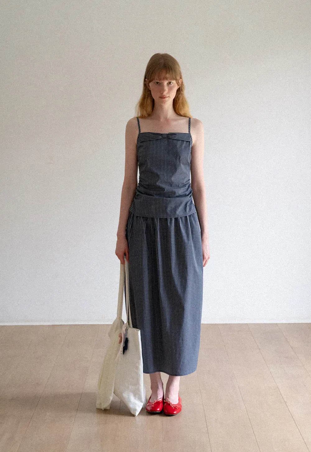 Gingham Check Ruched Bodice Tank Top and Pleated Skirt