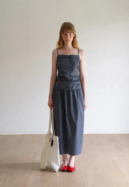 Gingham Check Ruched Bodice Tank Top and Pleated Skirt