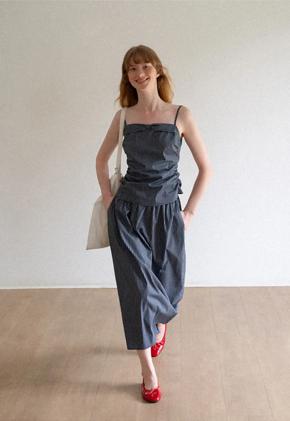 Gingham Check Ruched Bodice Tank Top and Pleated Skirt