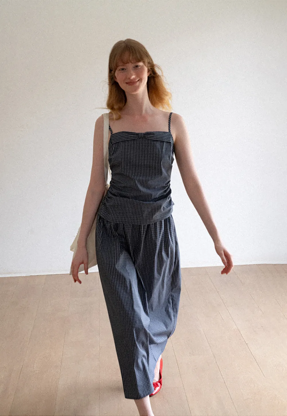 Gingham Check Ruched Bodice Tank Top and Pleated Skirt