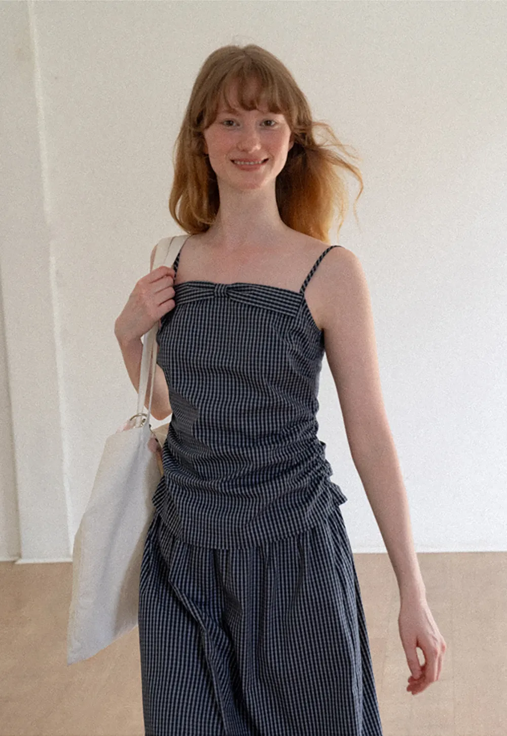 Gingham Check Ruched Bodice Tank Top and Pleated Skirt