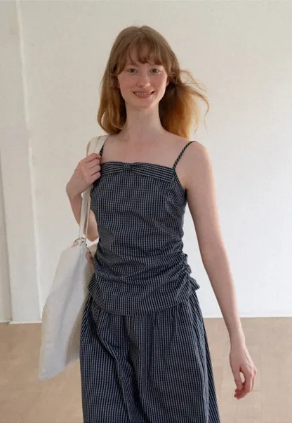 Gingham Check Ruched Bodice Tank Top and Pleated Skirt