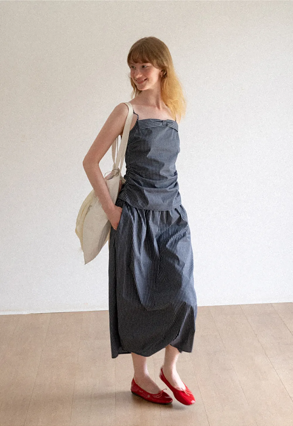 Gingham Check Ruched Bodice Tank Top and Pleated Skirt