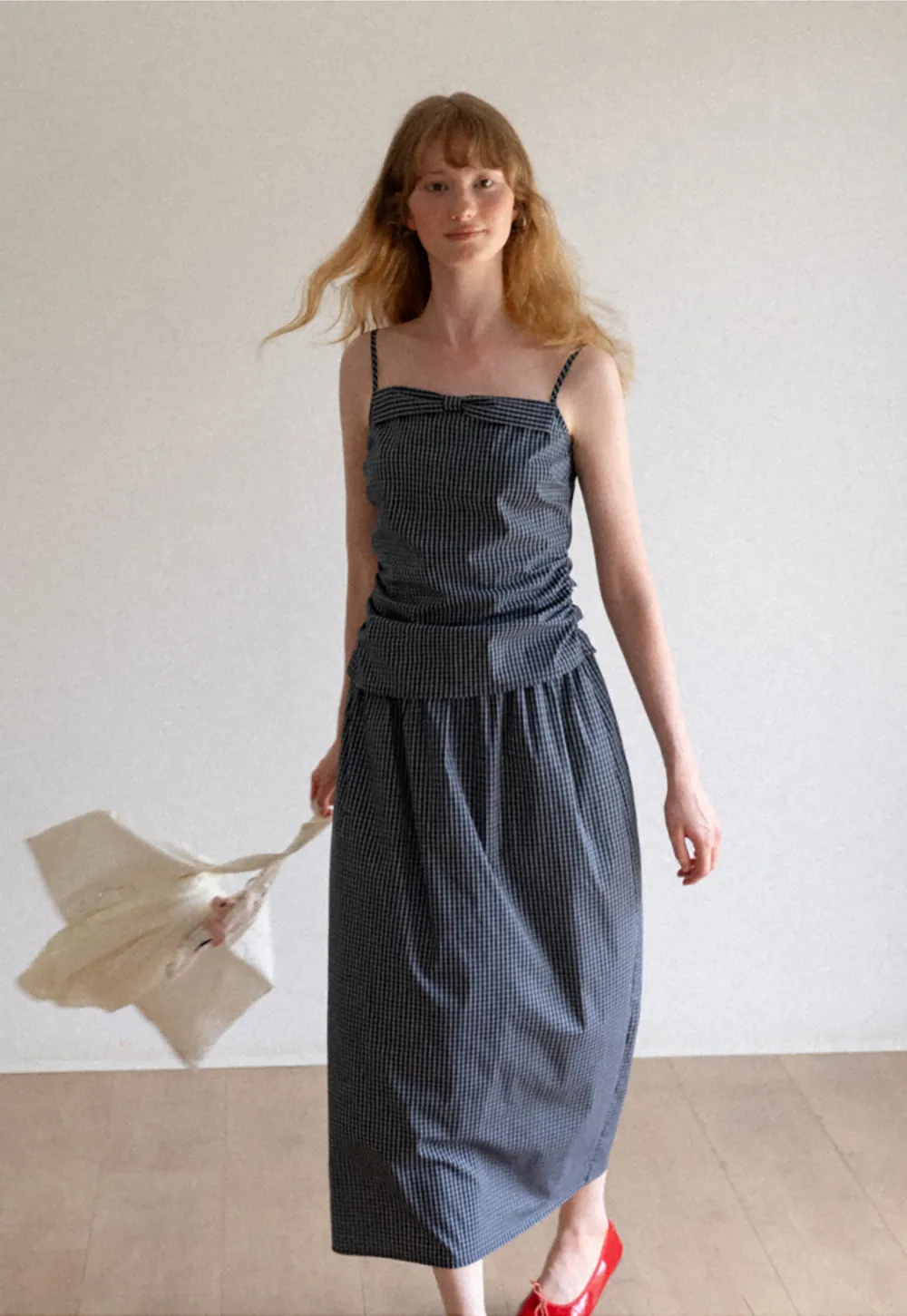 Gingham Check Ruched Bodice Tank Top and Pleated Skirt
