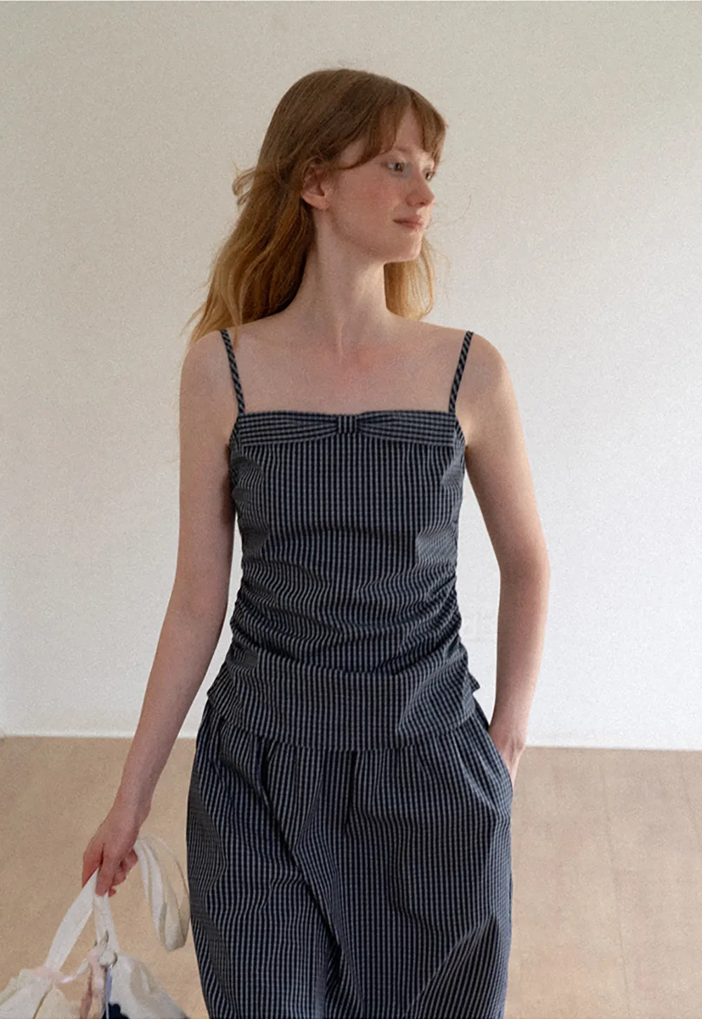 Gingham Check Ruched Bodice Tank Top and Pleated Skirt