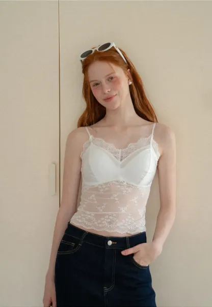 Lace Trim Floral Sheer Bodysuit Tank Top
