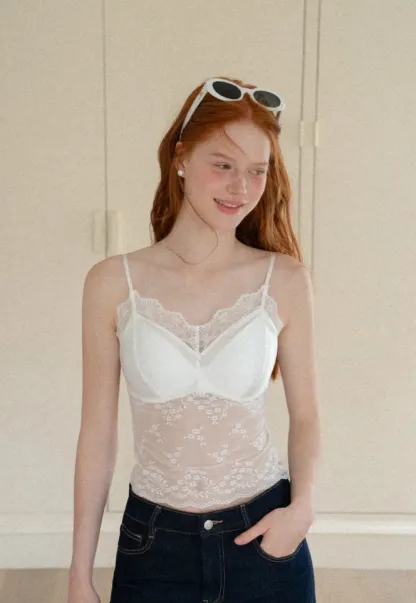 Lace Trim Floral Sheer Bodysuit Tank Top