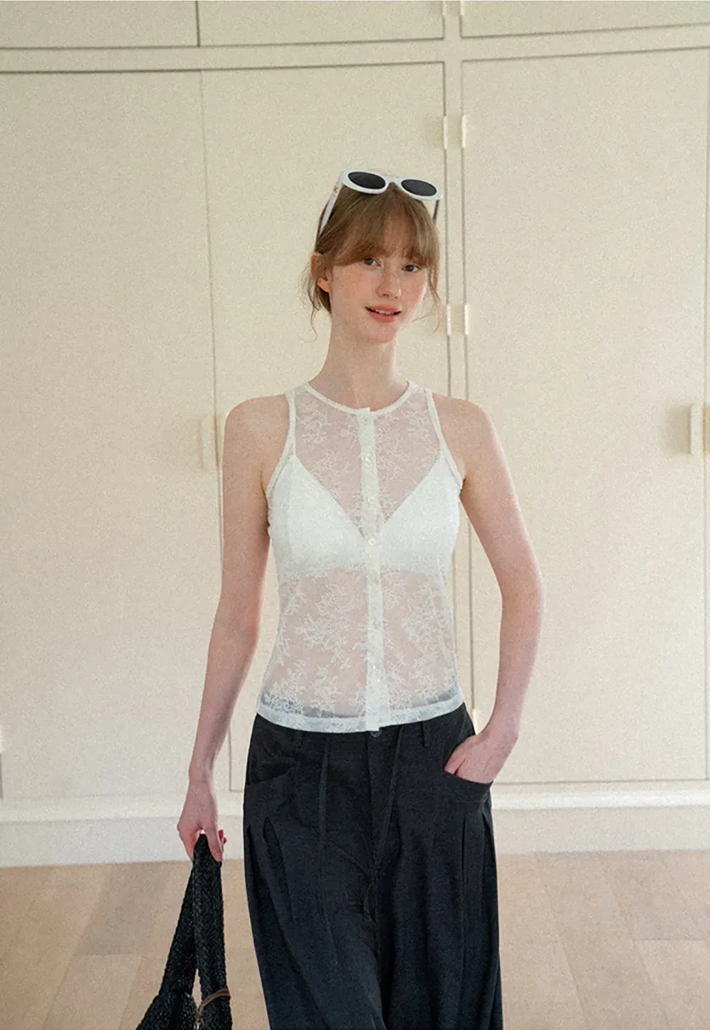 Sheer Lace Halter Neck Button Front Tank Top