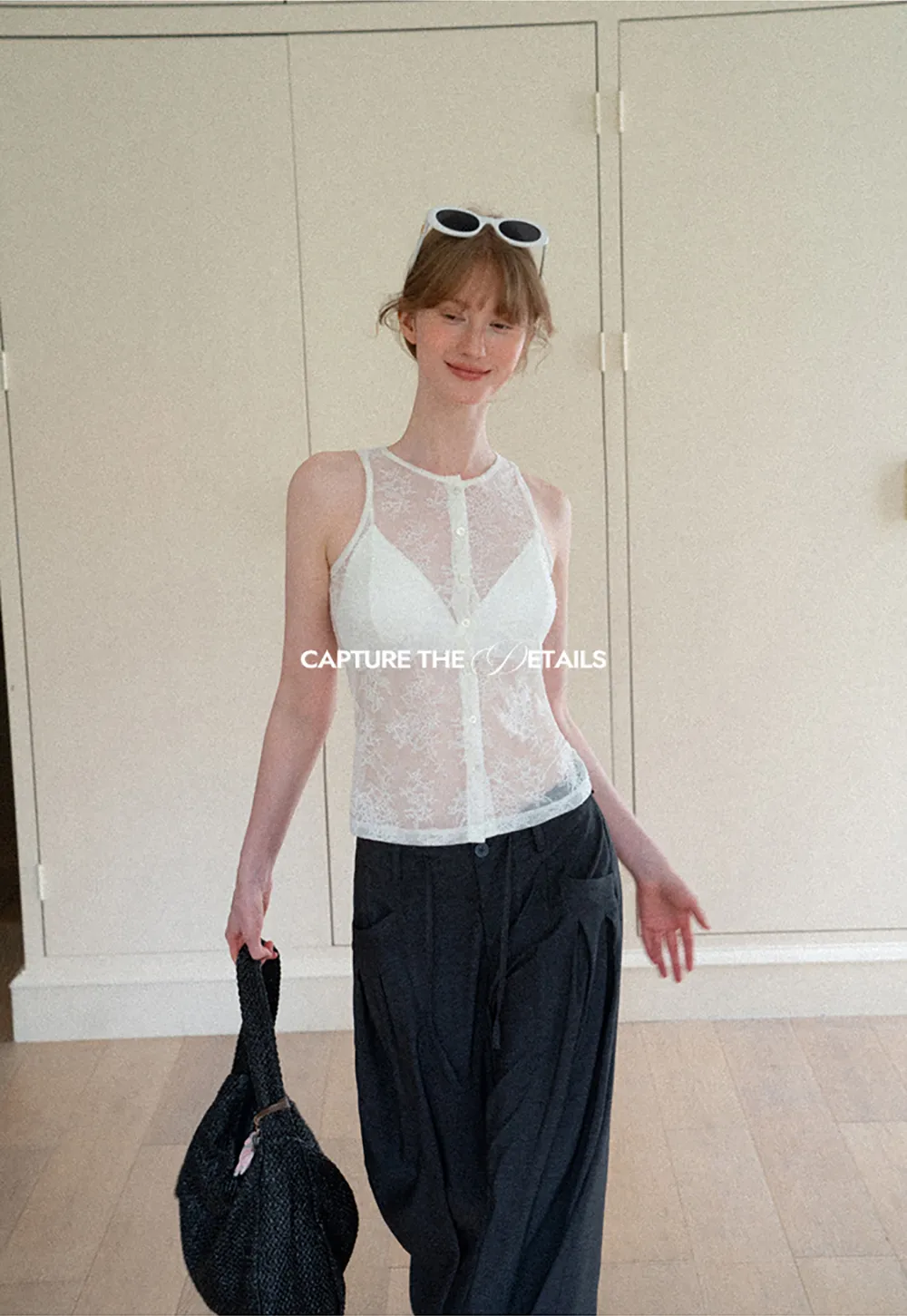Sheer Lace Halter Neck Button Front Tank Top