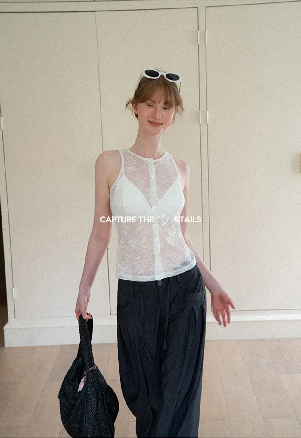 Sheer Lace Halter Neck Button Front Tank Top