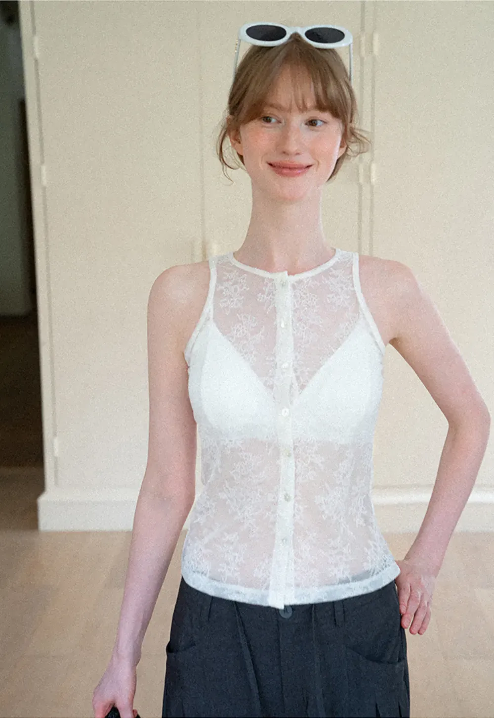 Sheer Lace Halter Neck Button Front Tank Top
