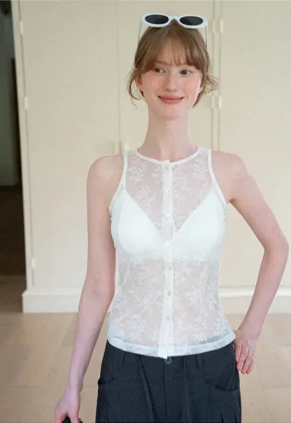 Sheer Lace Halter Neck Button Front Tank Top