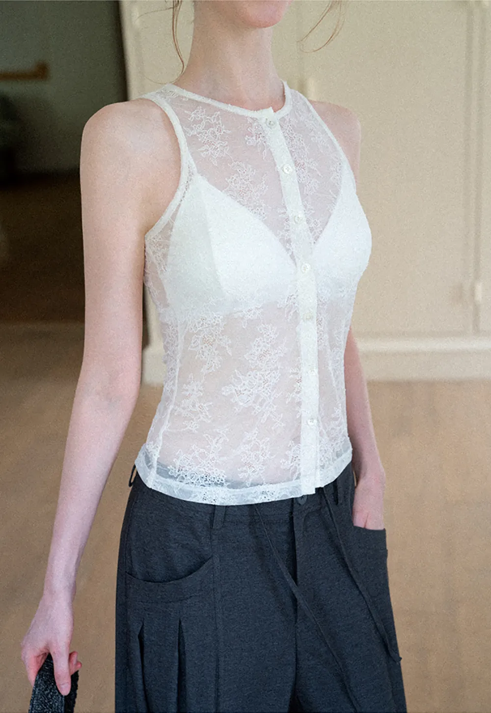 Sheer Lace Halter Neck Button Front Tank Top