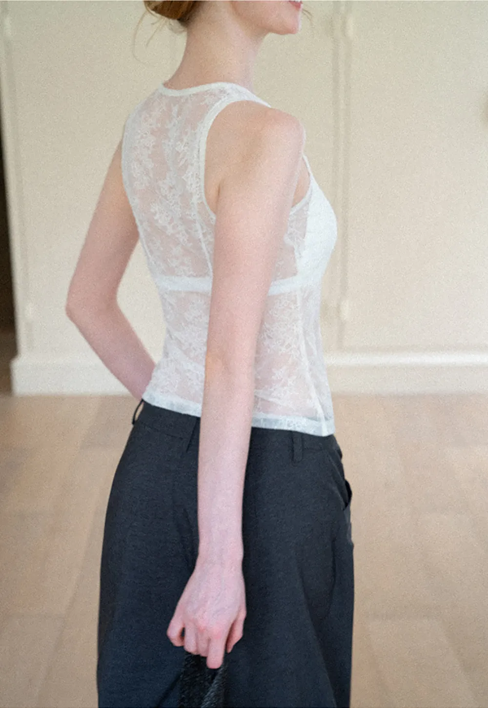 Sheer Lace Halter Neck Button Front Tank Top