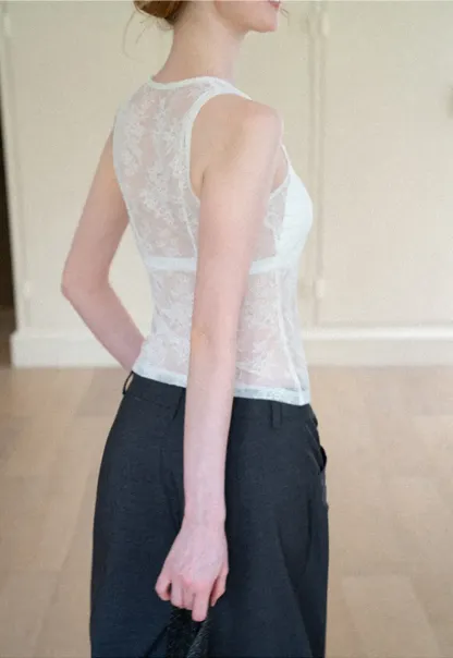 Sheer Lace Halter Neck Button Front Tank Top