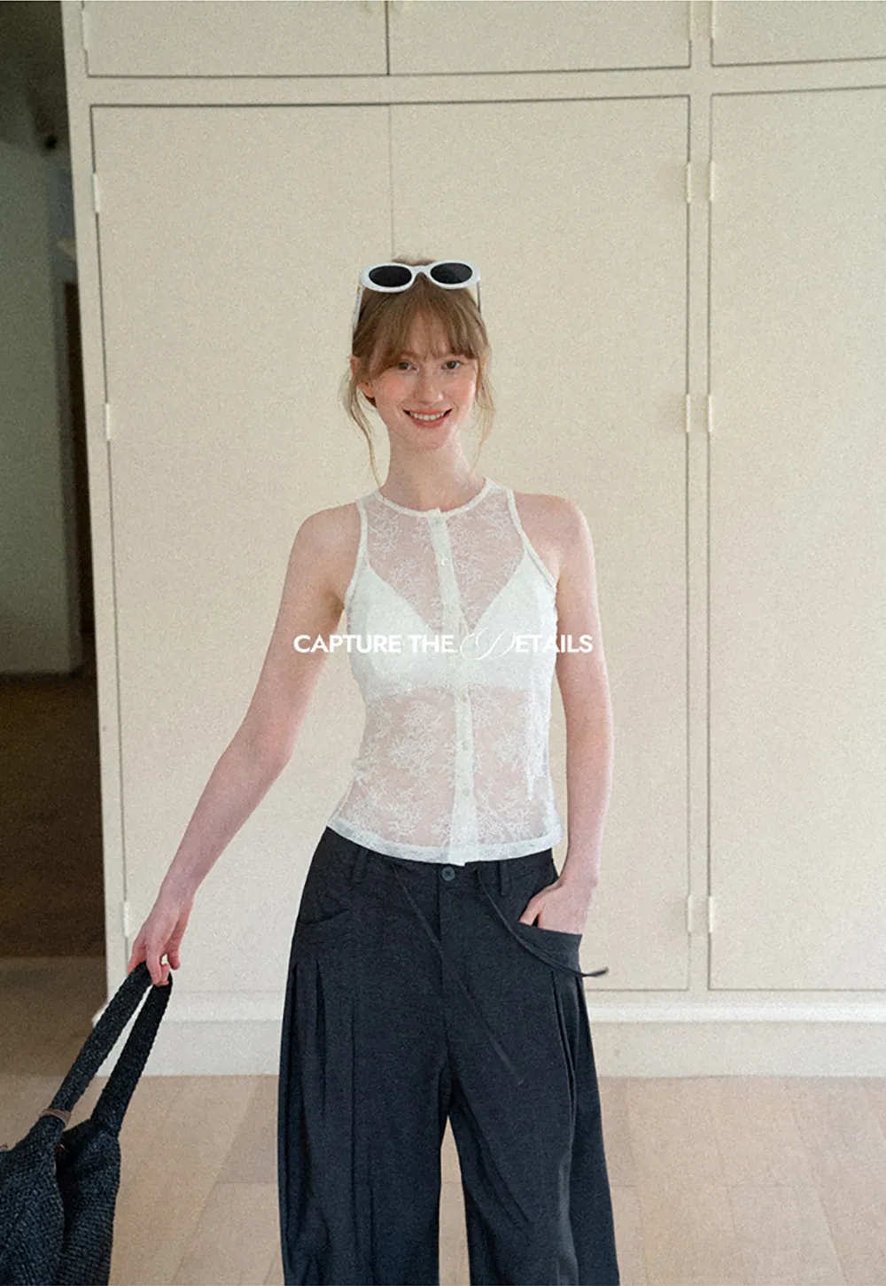 Sheer Lace Halter Neck Button Front Tank Top