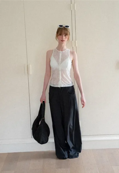 Sheer Lace Halter Neck Button Front Tank Top