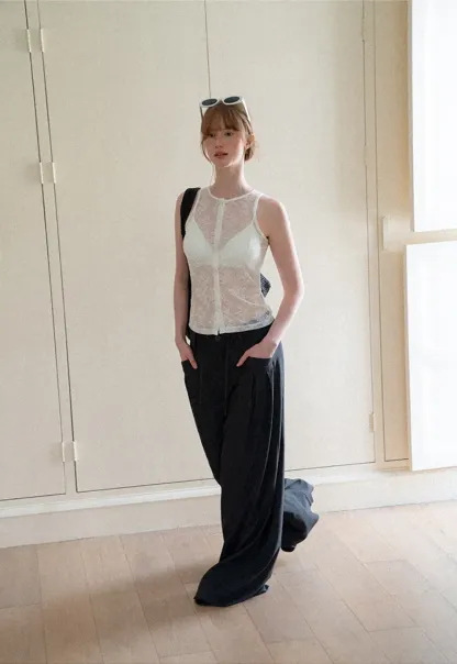 Sheer Lace Halter Neck Button Front Tank Top