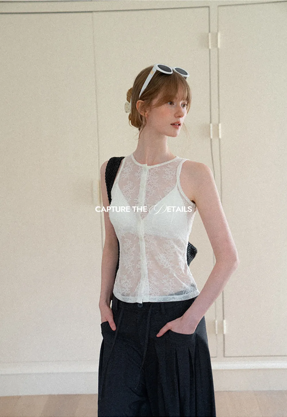 Sheer Lace Halter Neck Button Front Tank Top