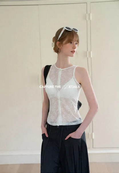 Sheer Lace Halter Neck Button Front Tank Top