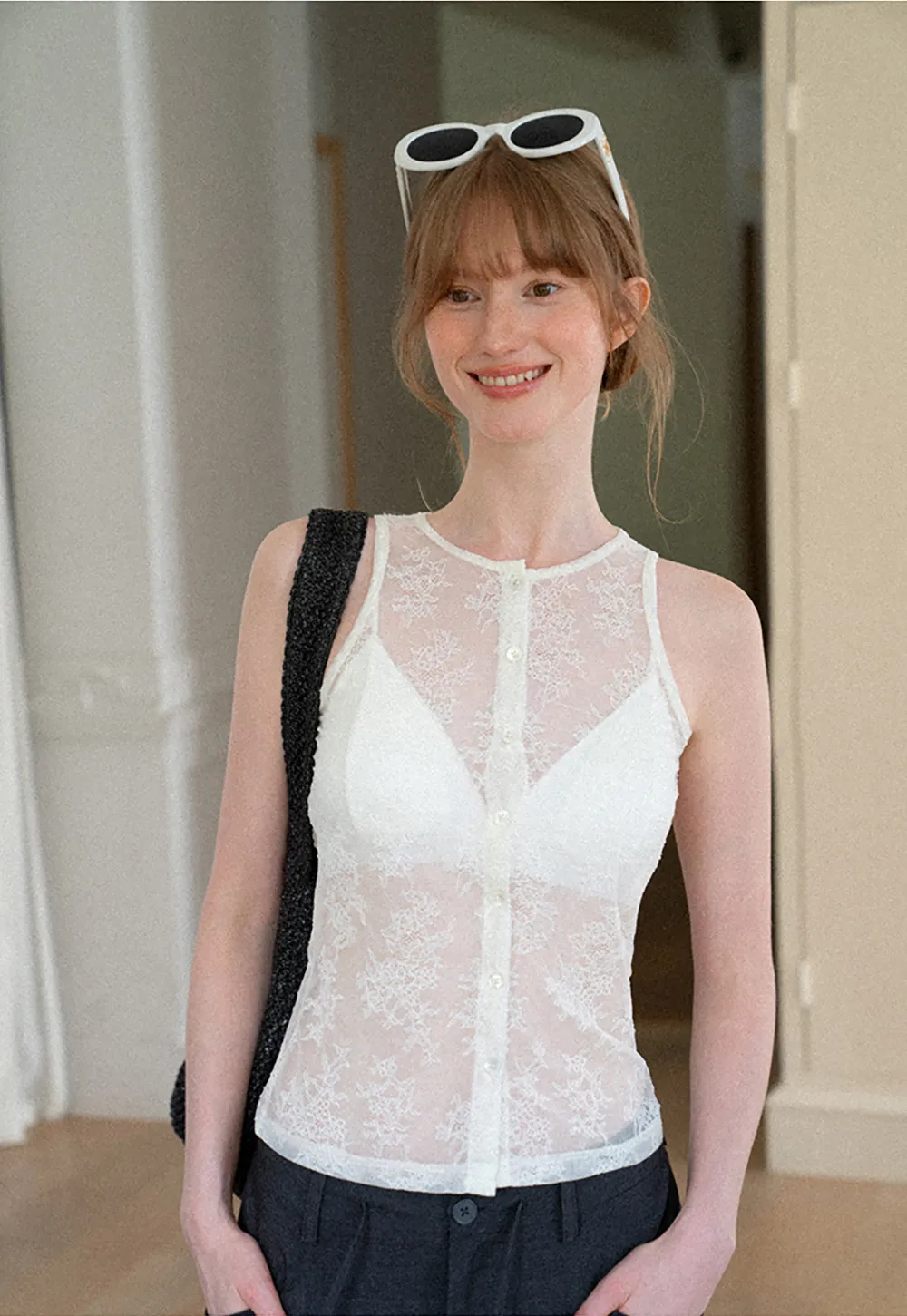 Sheer Lace Halter Neck Button Front Tank Top